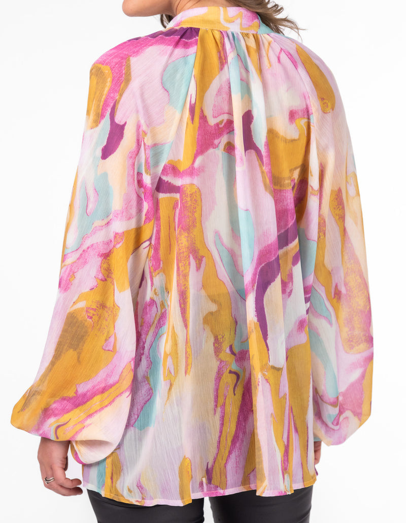 Petal Gold Button Down Blouse in Pink/Mustard Print