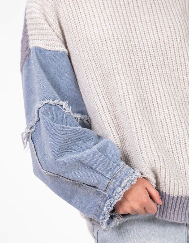 Walnut Denim Sleeve Knit Jumper in White/Grey/Blue