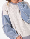 Walnut Denim Sleeve Knit Jumper in White/Grey/Blue