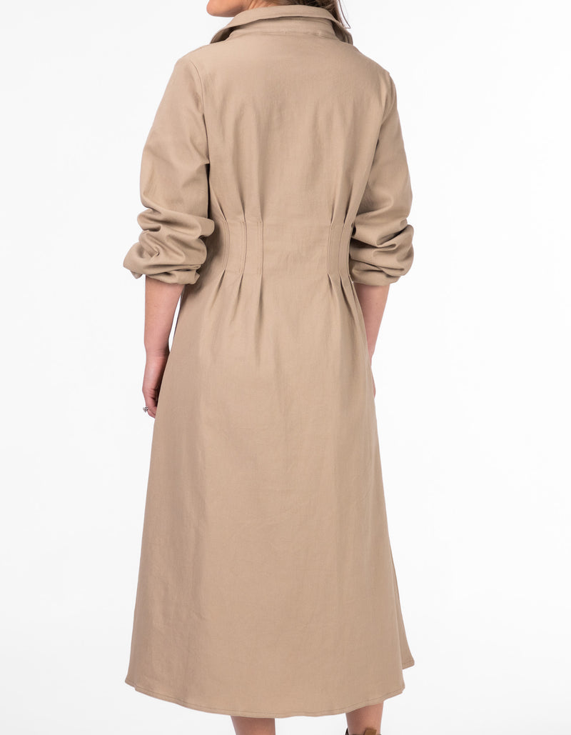 Claire Long Sleeve Button Down Midaxi Dress in Latte Denim