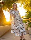 Eva Button Down Long Sleeve Midi Dress in Tan Print