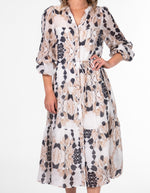 Eva Button Down Long Sleeve Midi Dress in Tan Print