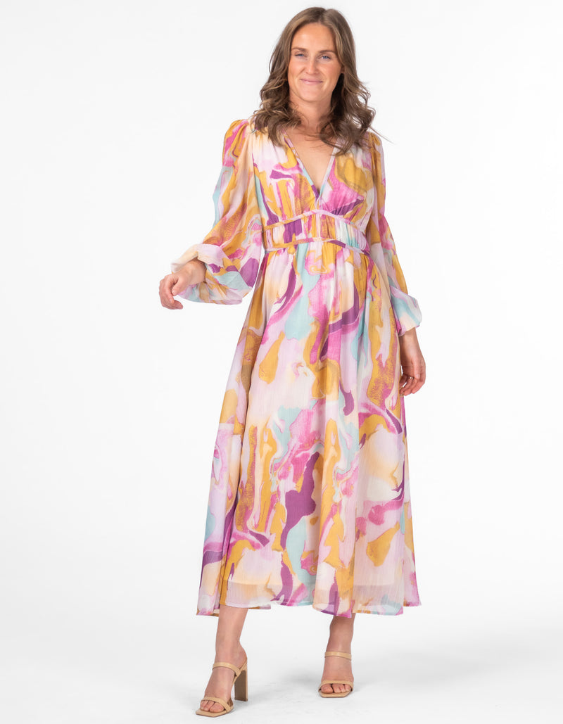 Petal Fitted Waist Midaxi Dress in Pink/Mustard Print