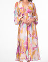 Petal Fitted Waist Midaxi Dress in Pink/Mustard Print