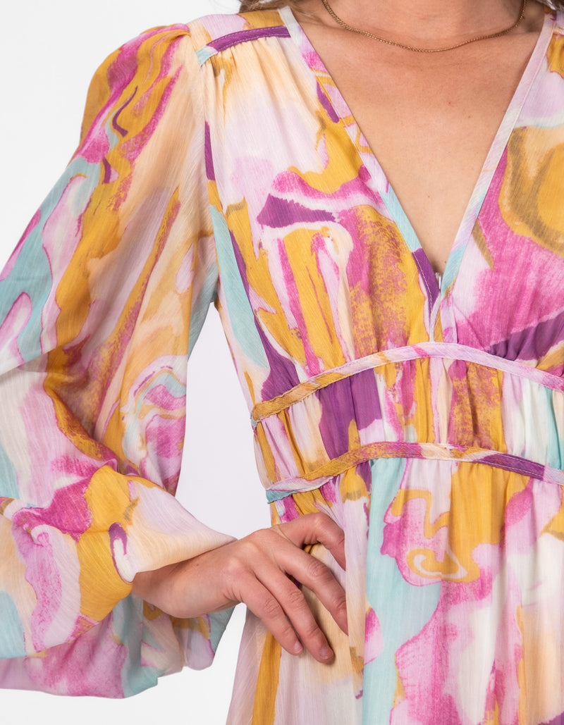 Petal Fitted Waist Midaxi Dress in Pink/Mustard Print