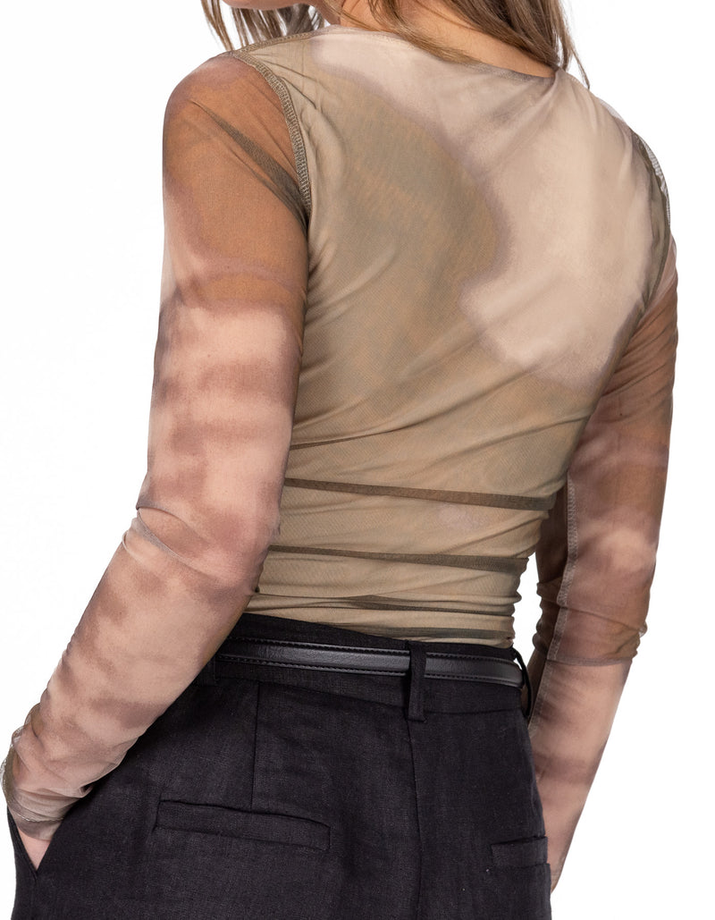 Tina Tie Dye Sheer Sleeve Fitted Top in Beige