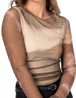 Tina Tie Dye Sheer Sleeve Fitted Top in Beige