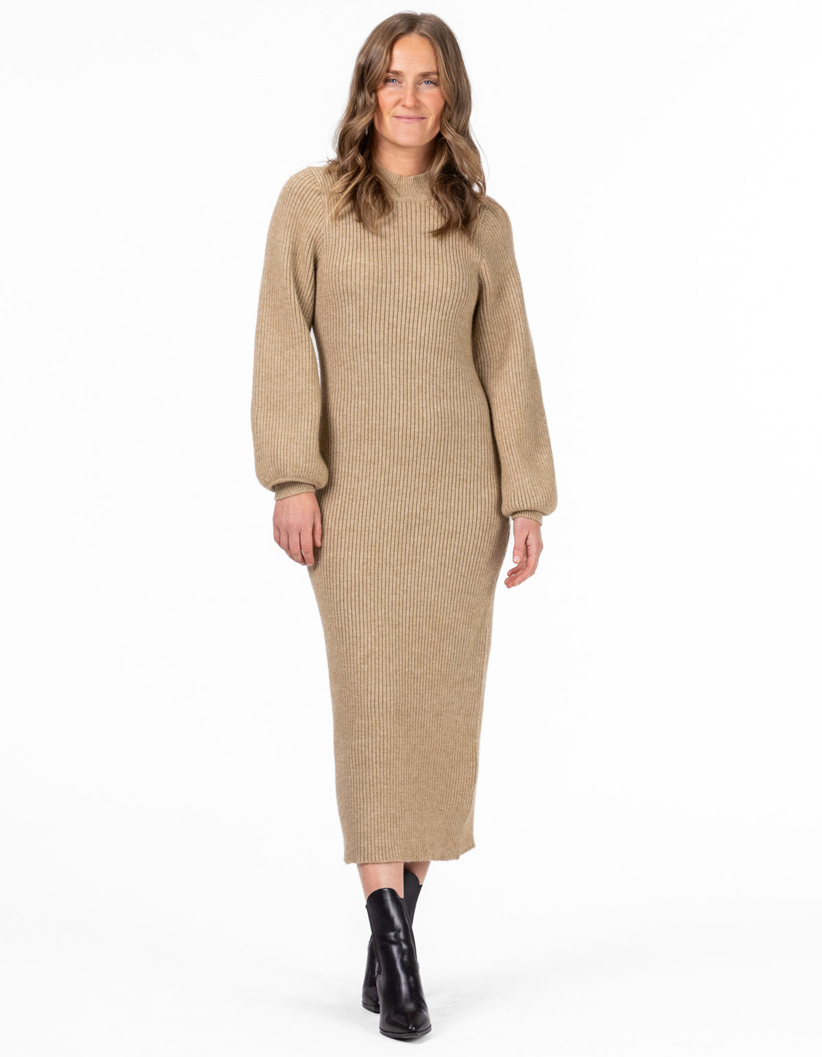 Alyssa Long Sleeve Midaxi Knit Dress in Latte