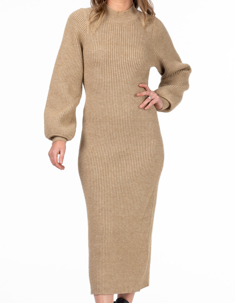 Alyssa Long Sleeve Midaxi Knit Dress in Latte