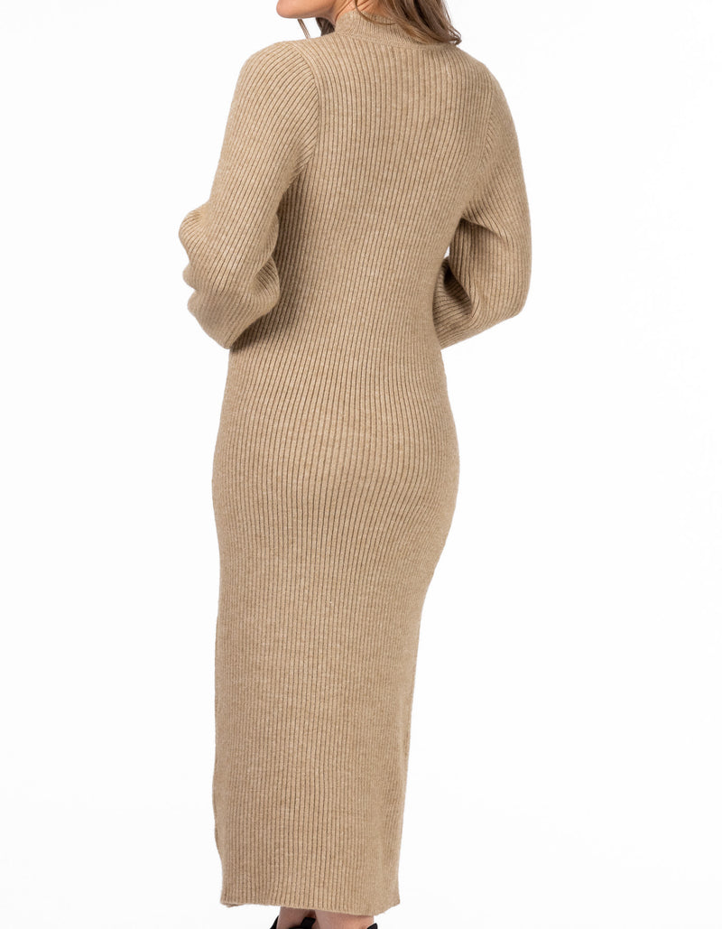 Alyssa Long Sleeve Midaxi Knit Dress in Latte