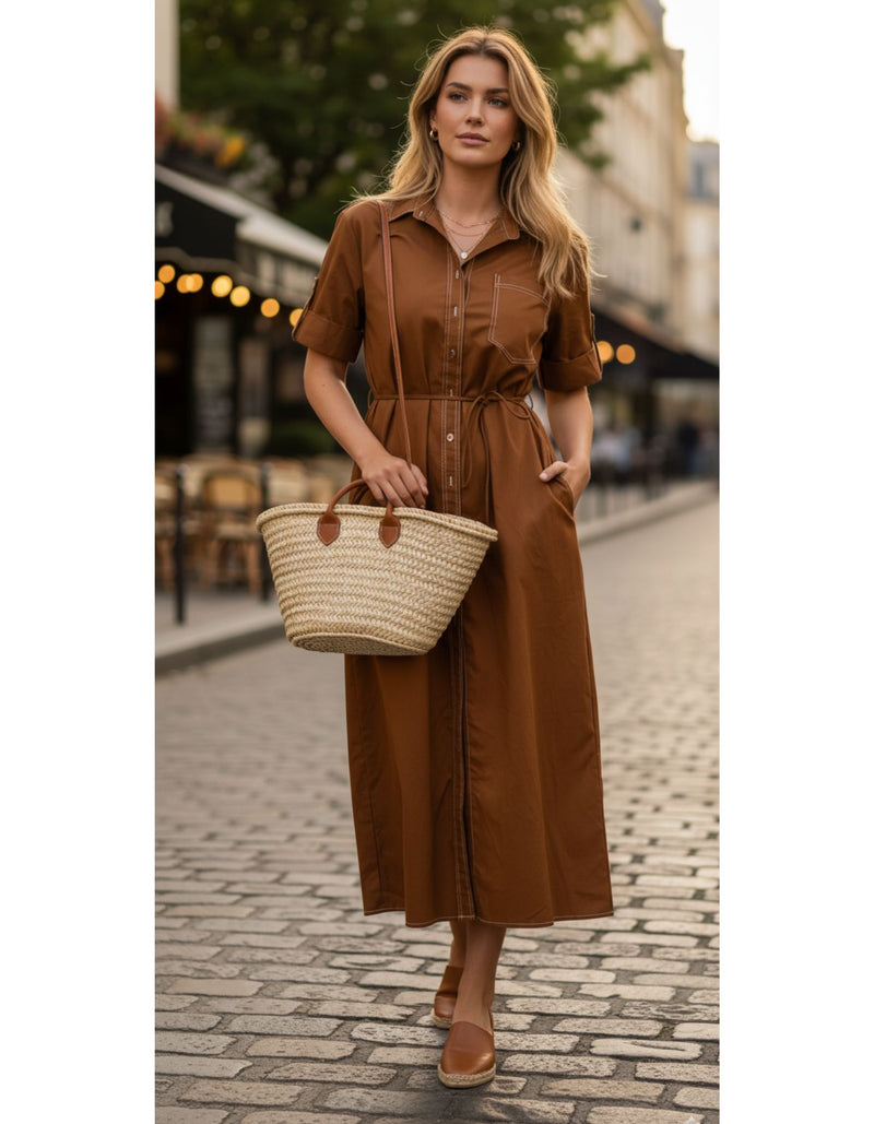 Linden Midi Utility Dress in Tan
