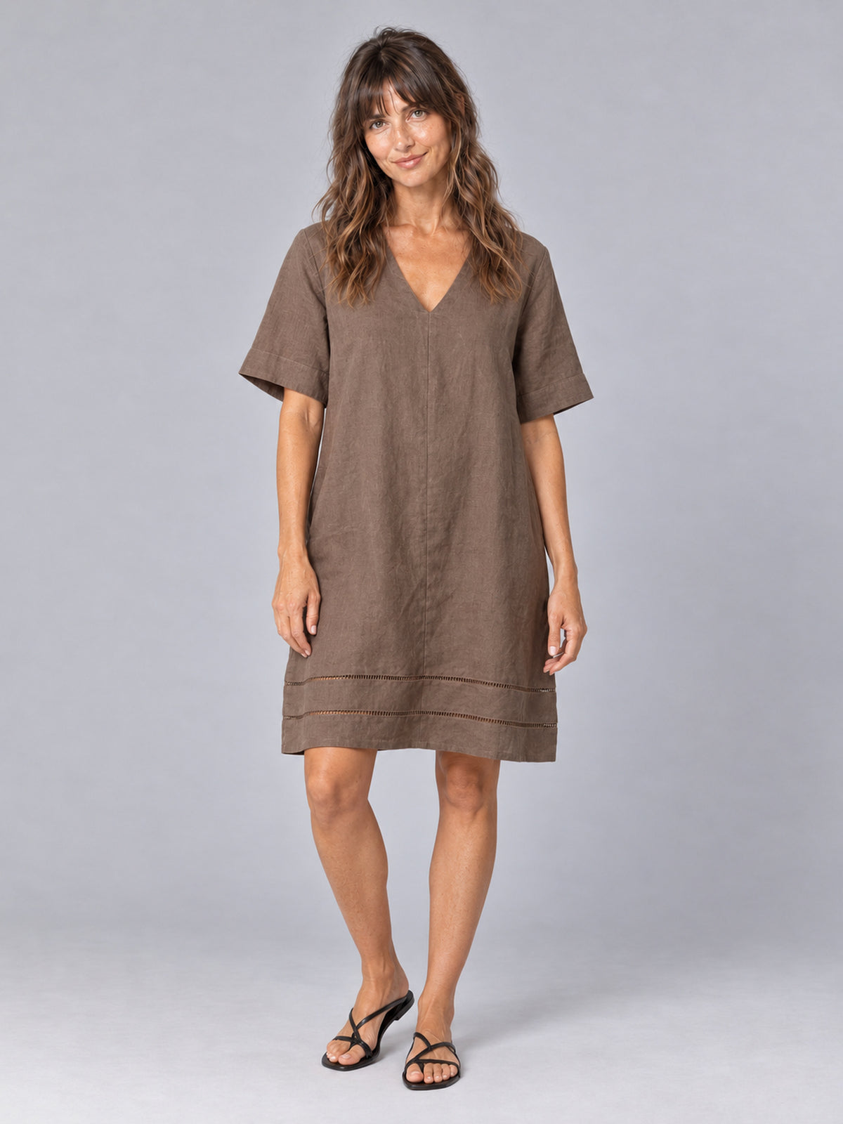 Astrid Brown Linen V Neck Shift Dress