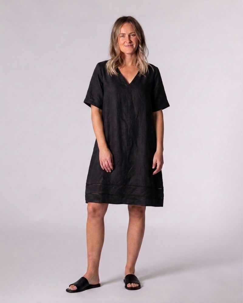 Astrid Black Linen V Neck Shift Dress
