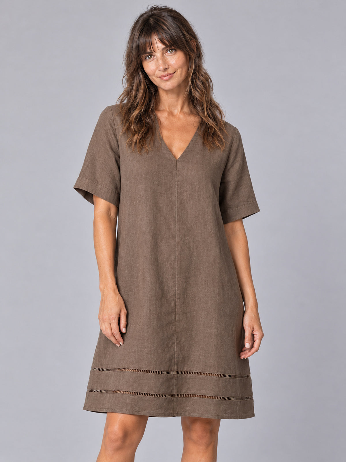 Astrid Brown Linen V Neck Shift Dress