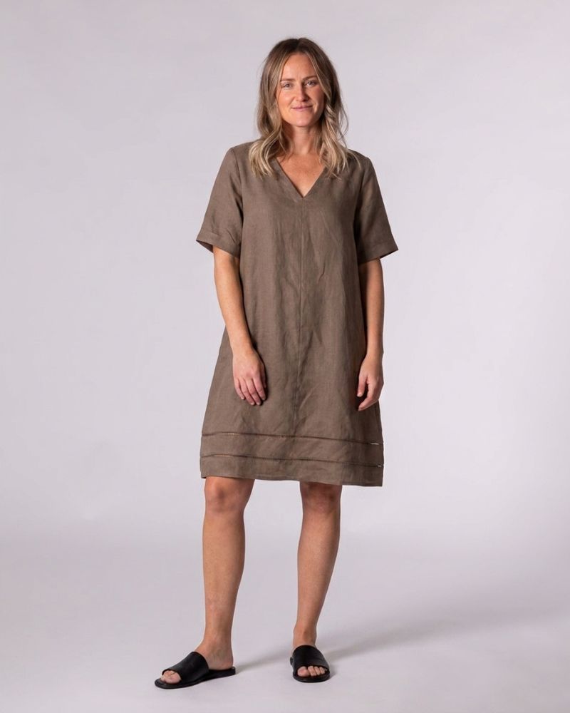 Astrid Brown Linen V Neck Shift Dress