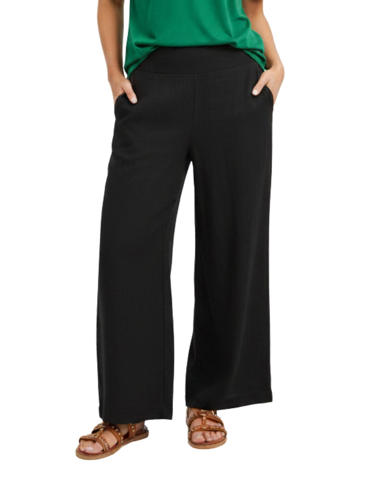 Cali Elastic Back Waist Wide Leg Pants in Black Linen