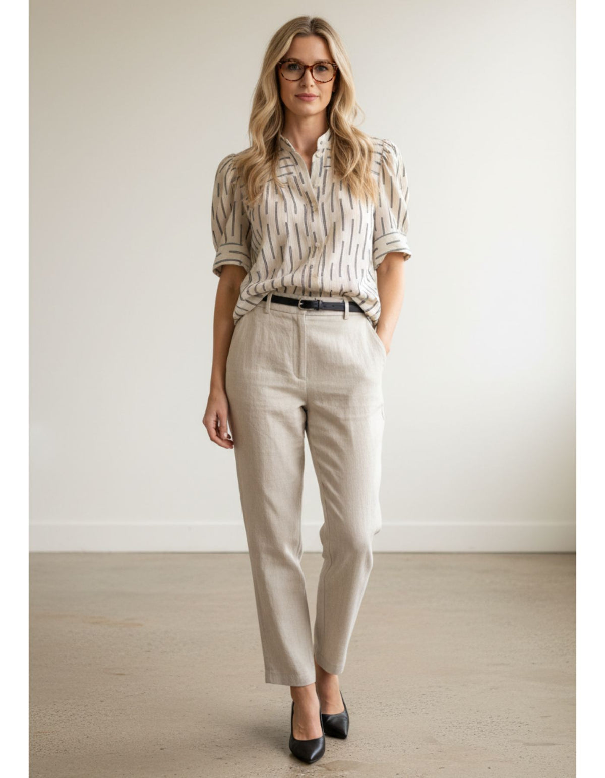 Naomi Button Down Black Stitch Top In Cream