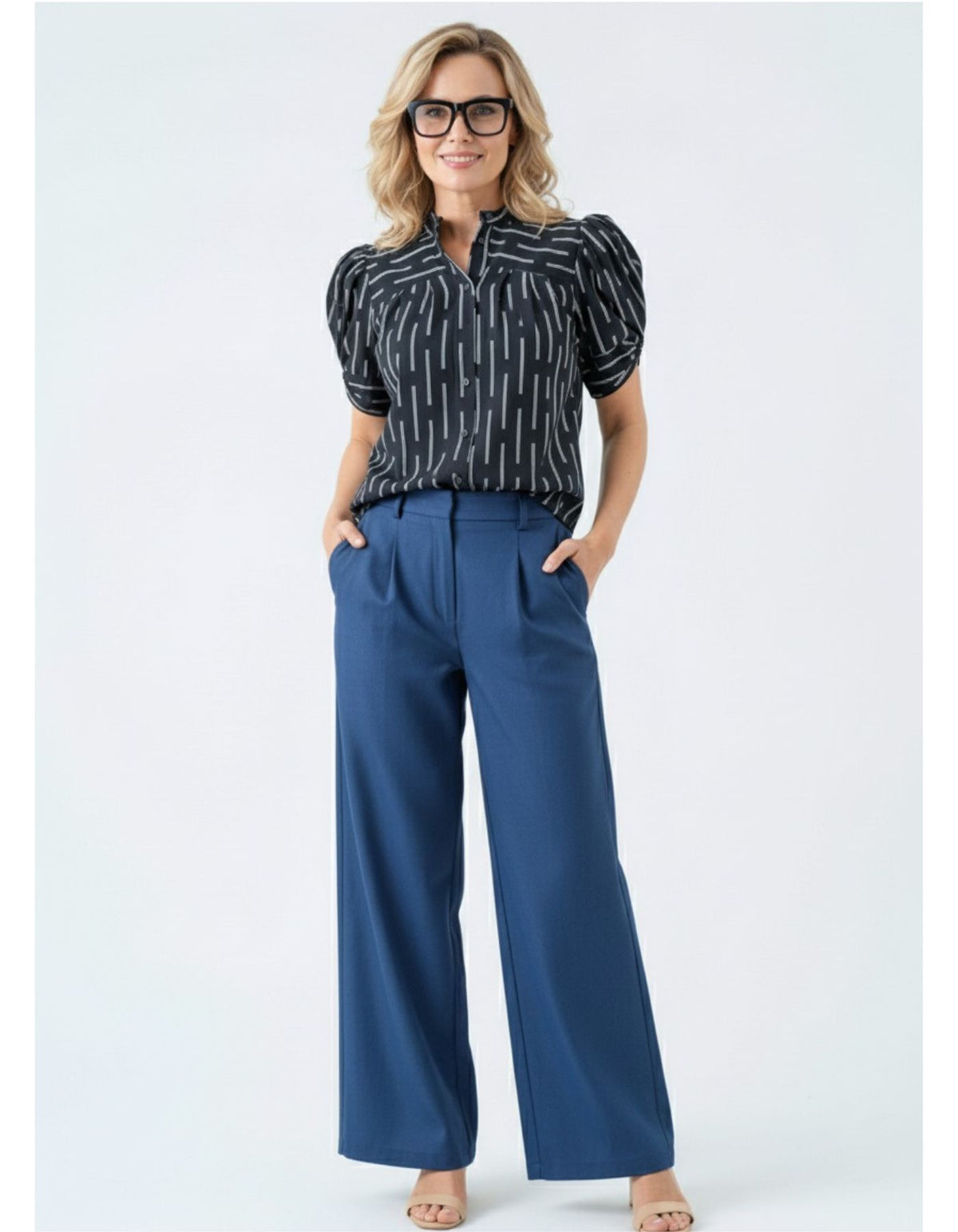 Roma Tailored Front Elastic Back Pants in Blue