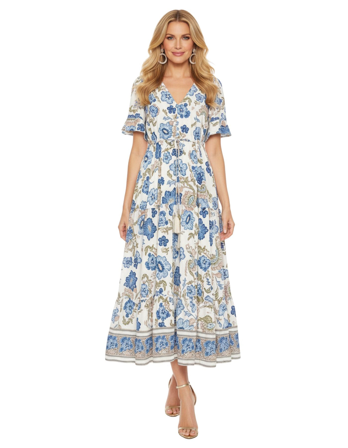 Sprout Drawstring Waist Midi Dress in Blue Floral