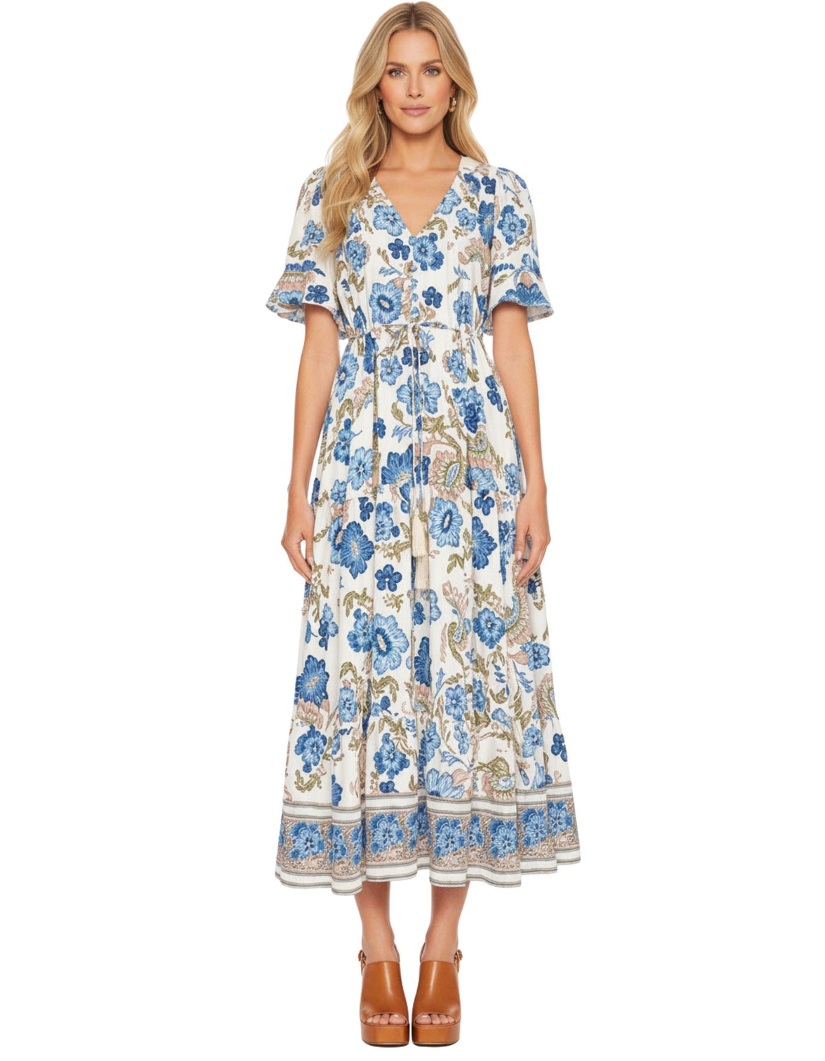 Sprout Drawstring Waist Midi Dress in Blue Floral