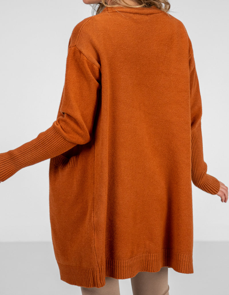 Chelsea Edge to Edge Cardigan with Pockets in Rust