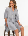 Eliza Button Front V Neck Dress in Grey Stripe