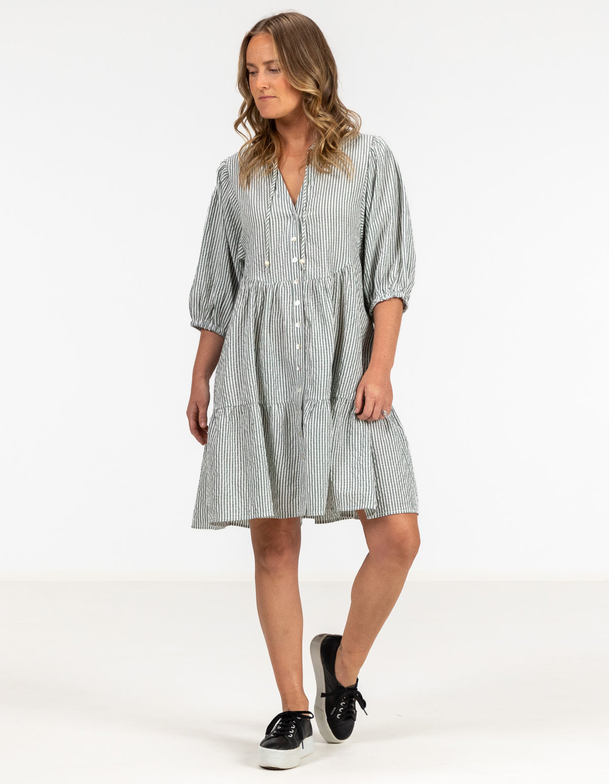 Eliza Button Front V Neck Dress in Green Stripe