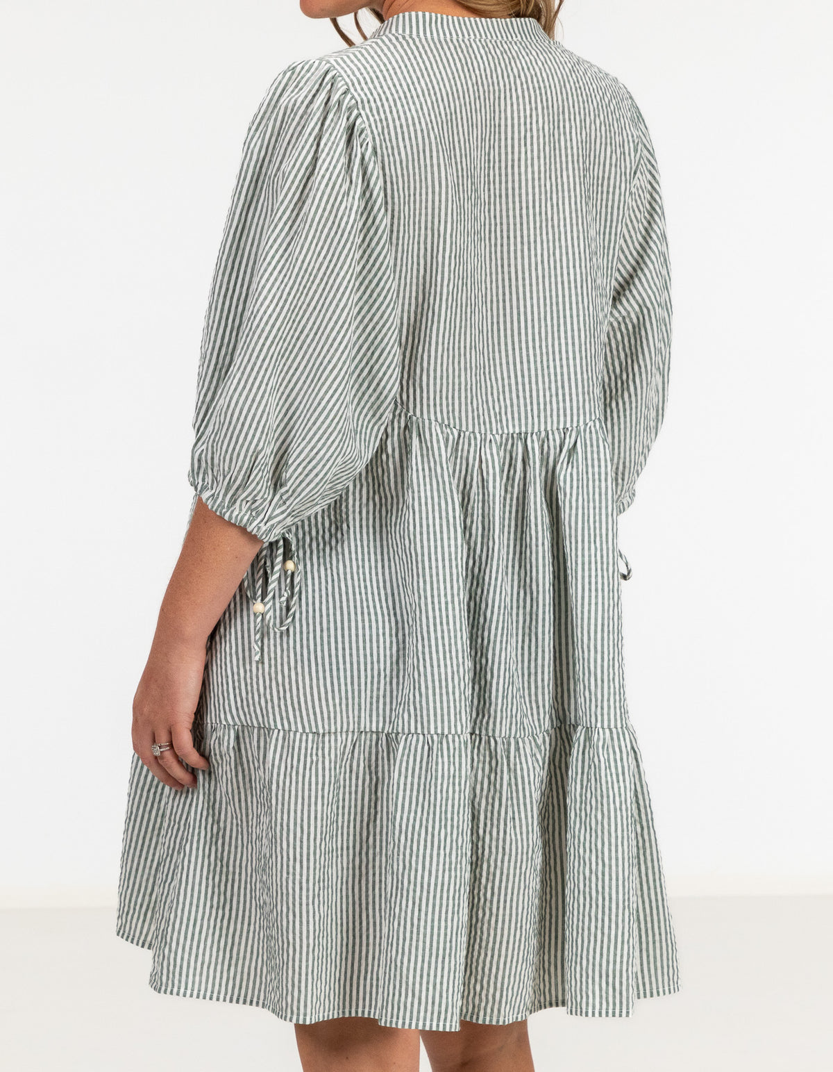 Eliza Button Front V Neck Dress in Green Stripe