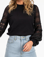 Teagan Long Sleeve Lace Sleeve Top in Black