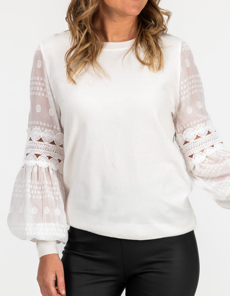 Teagan Long Sleeve Lace Sleeve Top in White