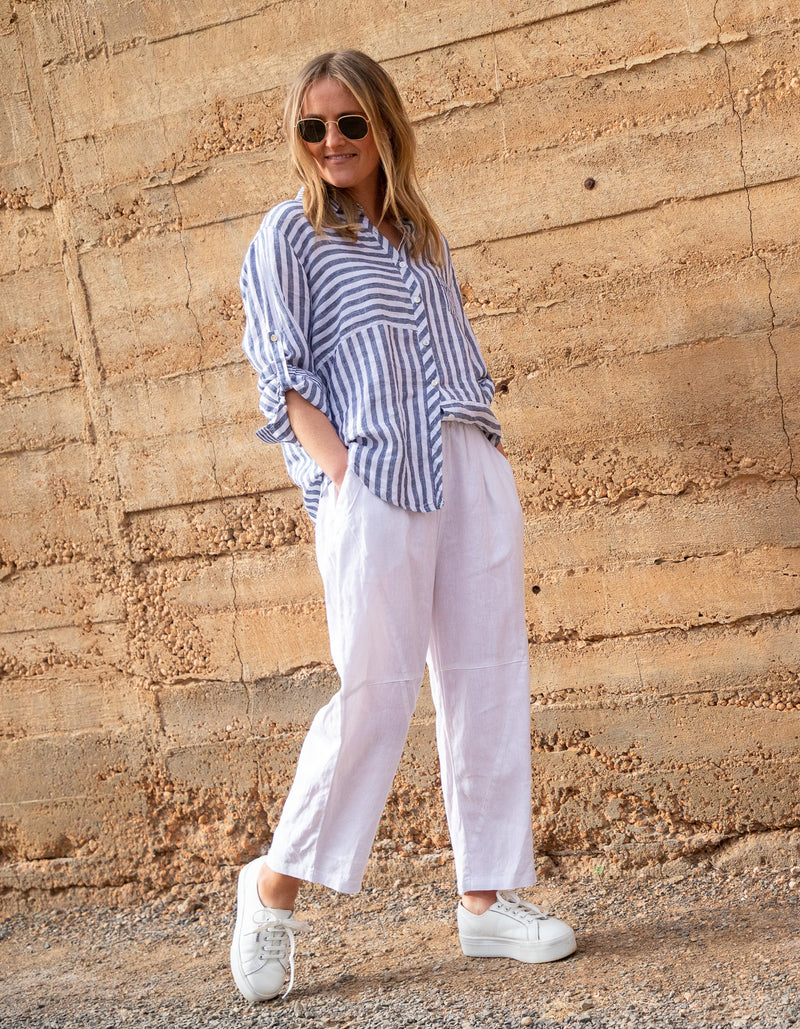 Sonya Linen Shirt in Navy Stripe