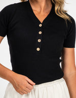 Kate V Neck Short Sleeve Rib Knit Top in Black