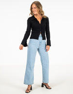 Finley Button Front Rib Knit Long Sleeve Top in Black