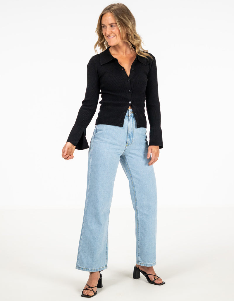 Finley Button Front Rib Knit Long Sleeve Top in Black
