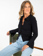 Finley Button Front Rib Knit Long Sleeve Top in Black