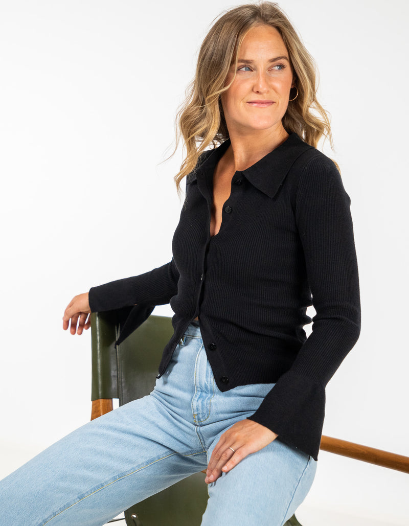 Finley Button Front Rib Knit Long Sleeve Top in Black