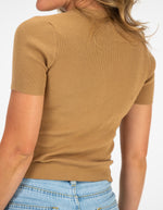 Kate V Neck Short Sleeve Rib Knit Top in Tan