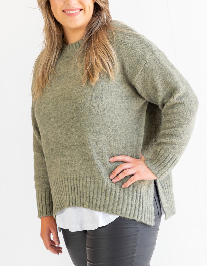 Julia Crew Neck Knit Jumper in Olive