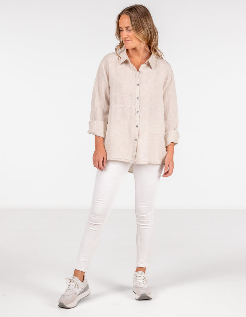 Charlie Long Sleeve Button Front Shirt in Beige Linen