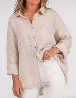 Charlie Long Sleeve Button Front Shirt in Beige Linen