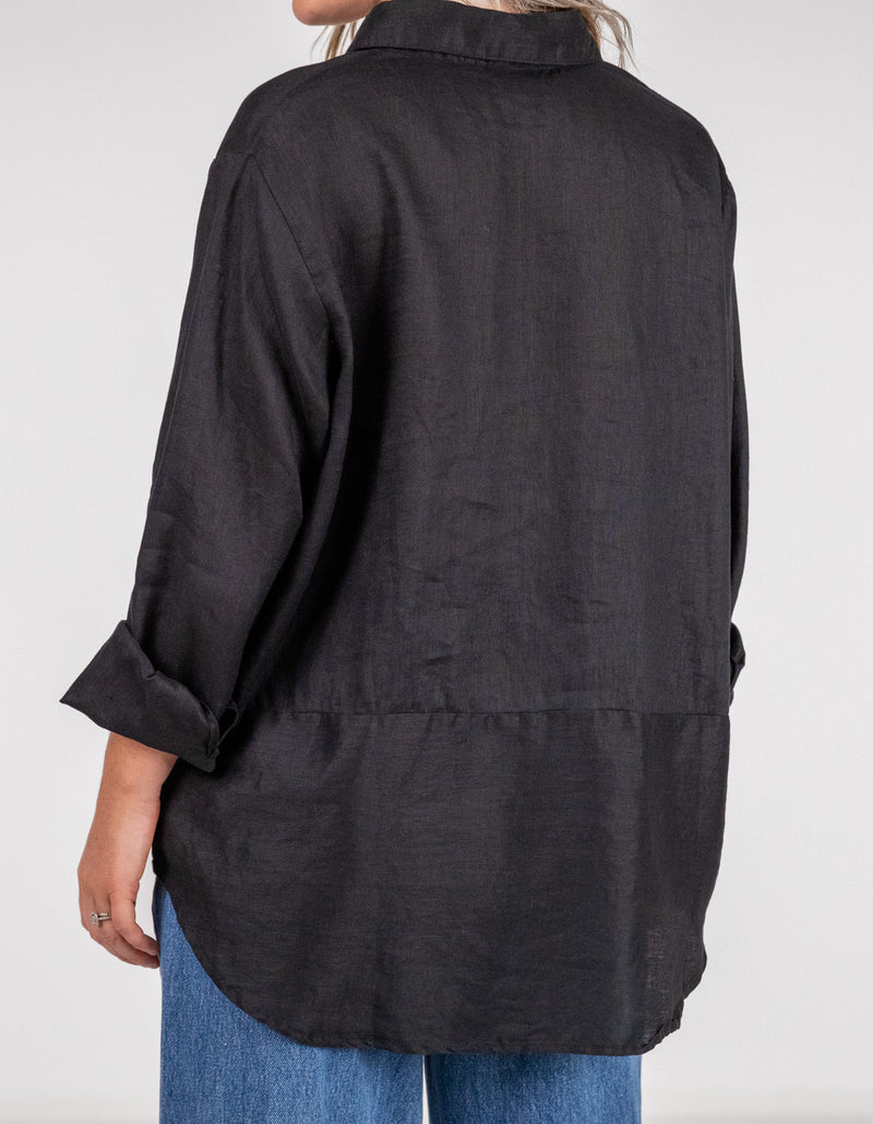 Charlie Long Sleeve Button Front Shirt in Black Linen